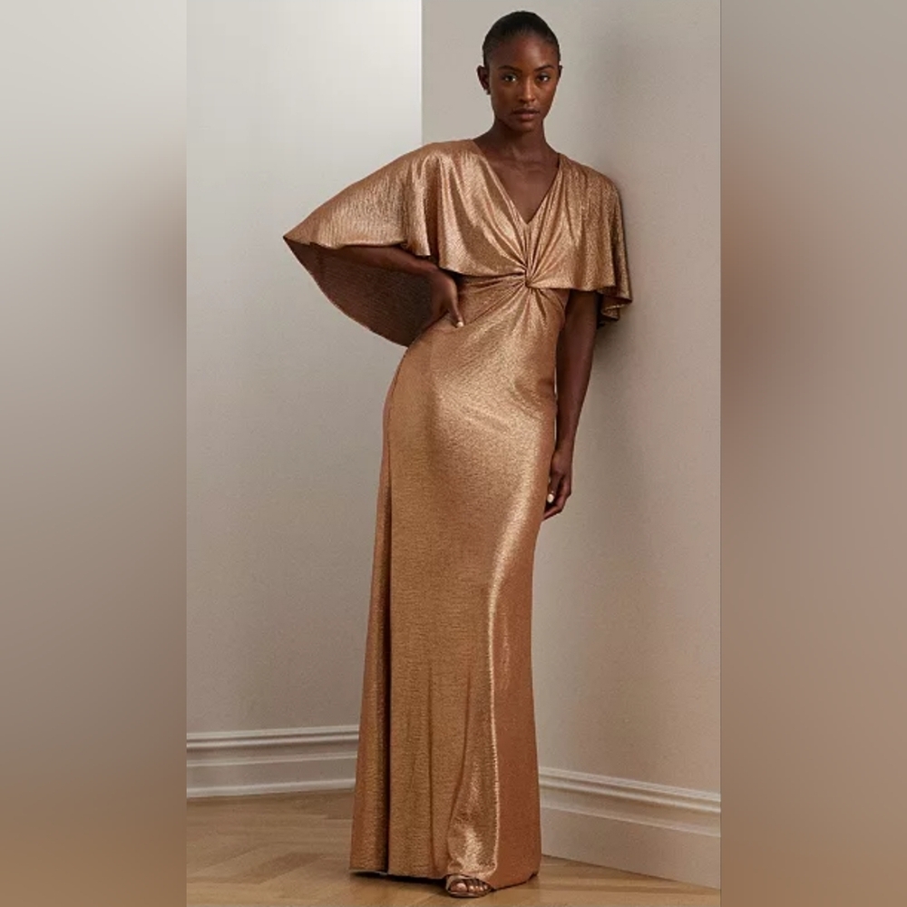Nwt Lauren Ralph Lauren Metallic  Cape Gown Size 2 Gold